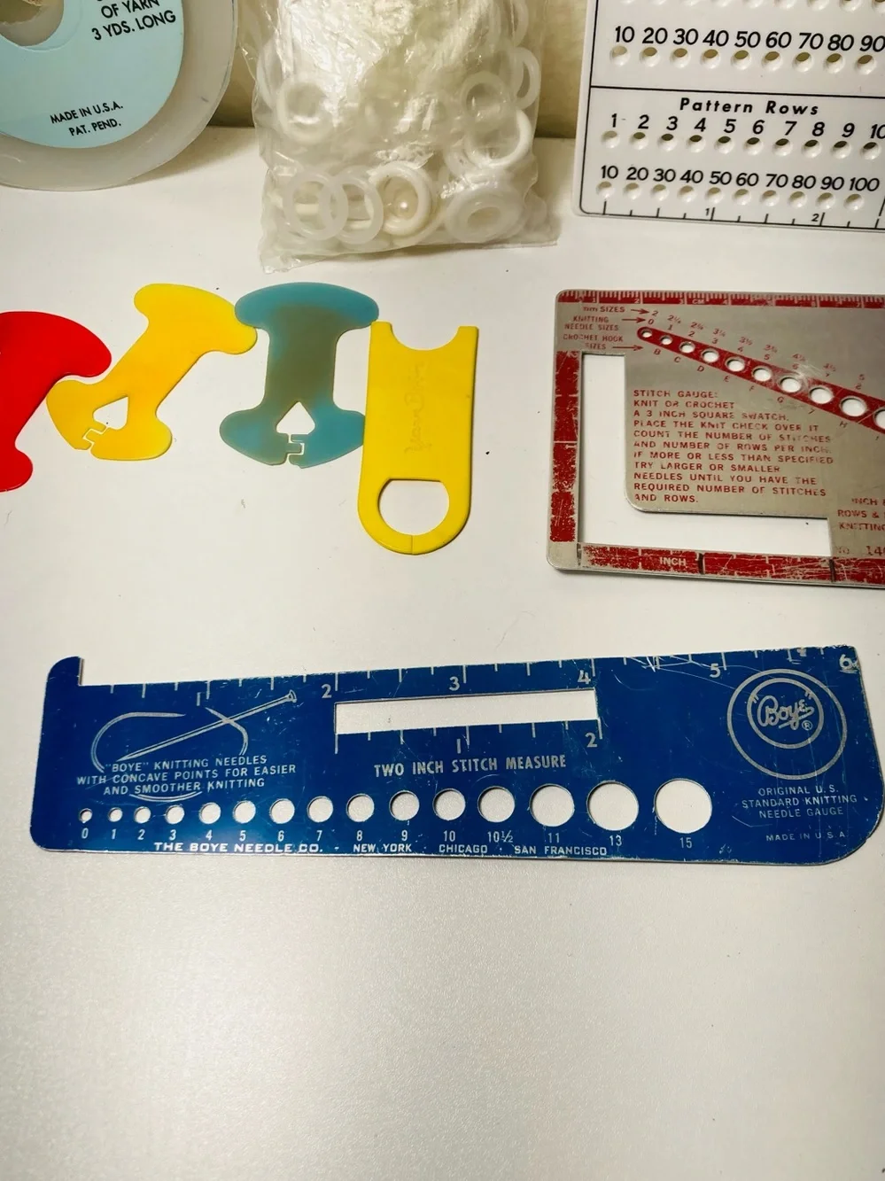Vintage Knitting Notions: Stitch Holders, 3 knit check sizers, Pom Pom maker